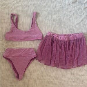 Pink Shimmer Bikini Set with Skirt